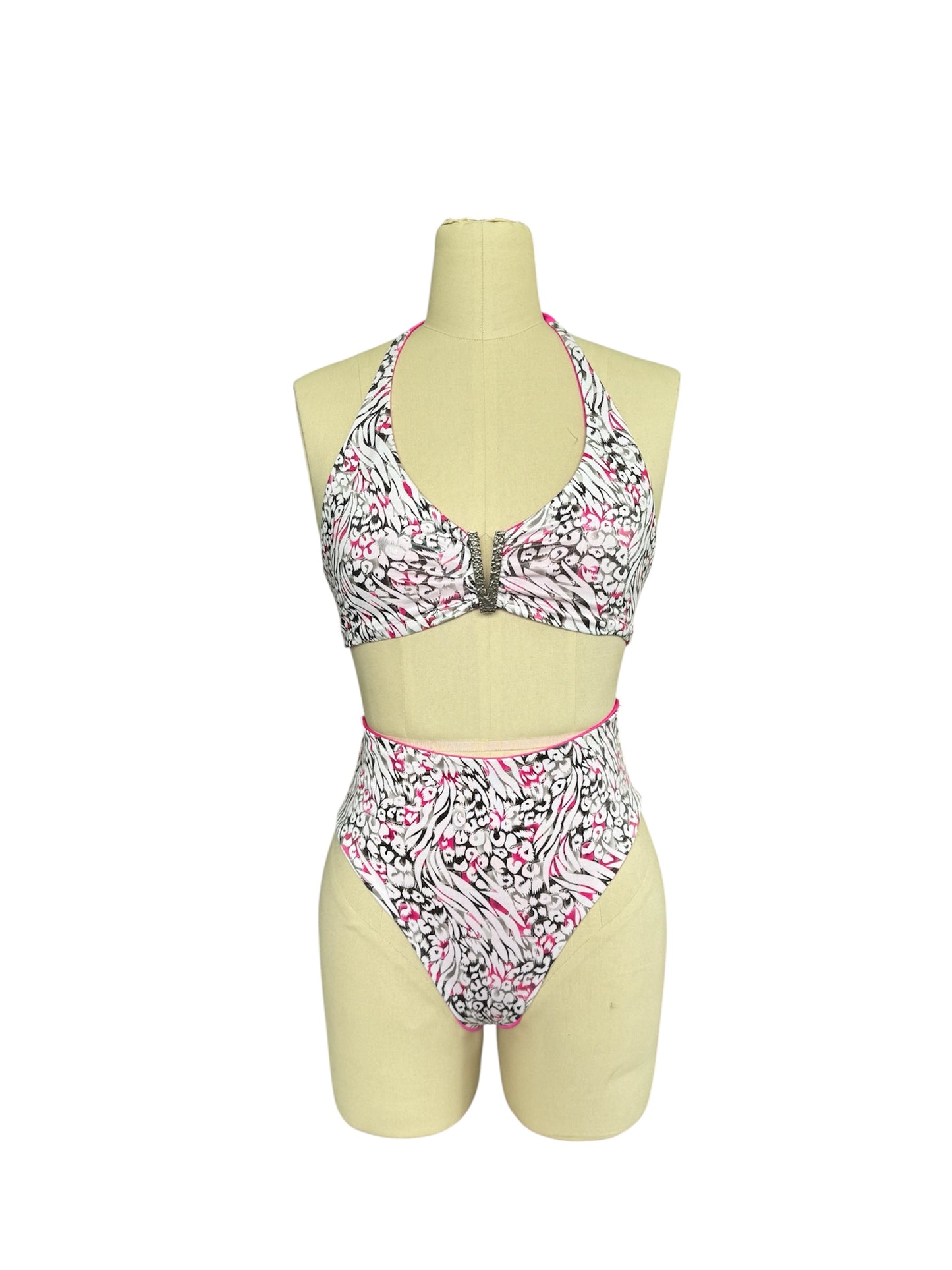 V Top x Highwaisted Bottom - Pink animal print