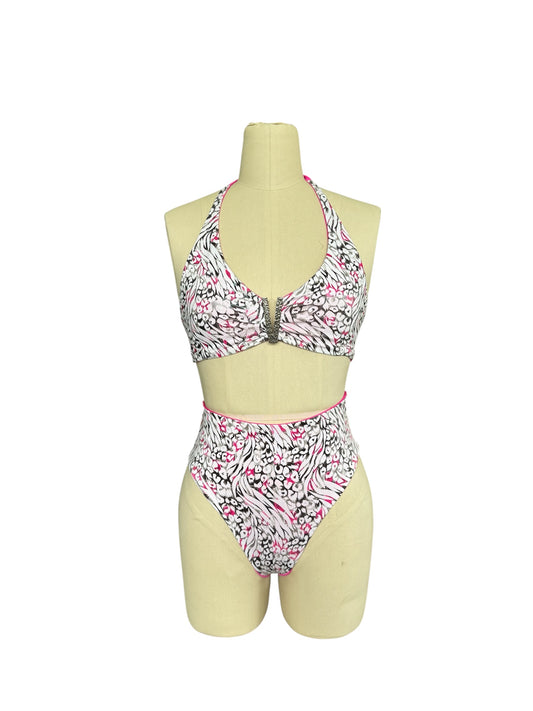 V Top x Highwaisted Bottom - Pink animal print